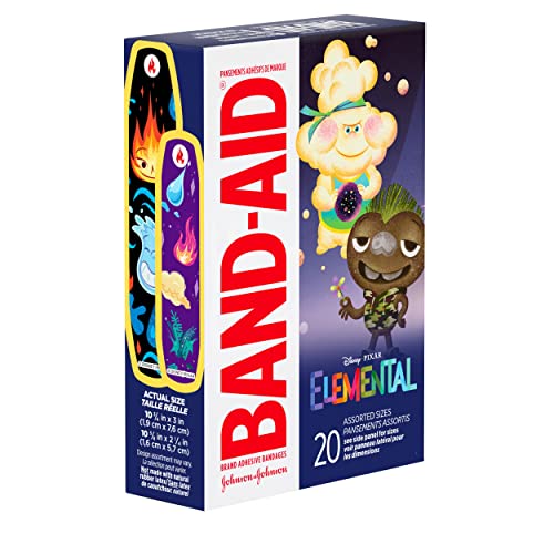 BAND-AID BRAND ADHESIVE BANDAGES FOR MINOR CUTS & SCRAPES, WOUND CARE FEATURING DISNEY’S ELEMENTAL CHARACTERS, FUN BANDAGES FOR KIDS AND TODDLERS, ASSORTED SIZES, 20 COUNT