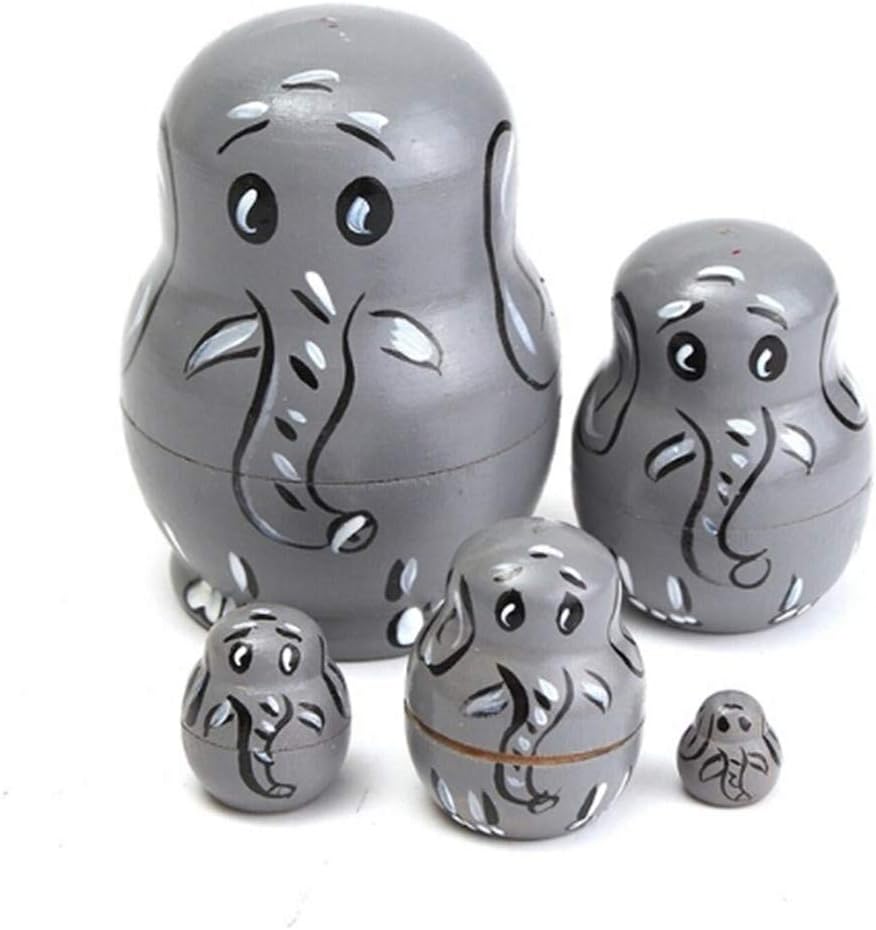 GOMYIE 5pcs Elephant Nesting Doll Animal Wood Handmade Russian Doll
