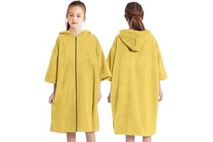 Kids Hooded Bath Towel Poncho, Quick Dry Microfiber Surf Poncho Changing Robe with Zipper, Wearable Surf Swim Towel (Yellow)