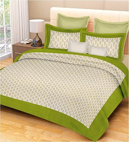 Metro Living Printed 120 TC Cotton King Size 1 Flat Sheet with 2 Chain Pillow Cases-King Size, Green