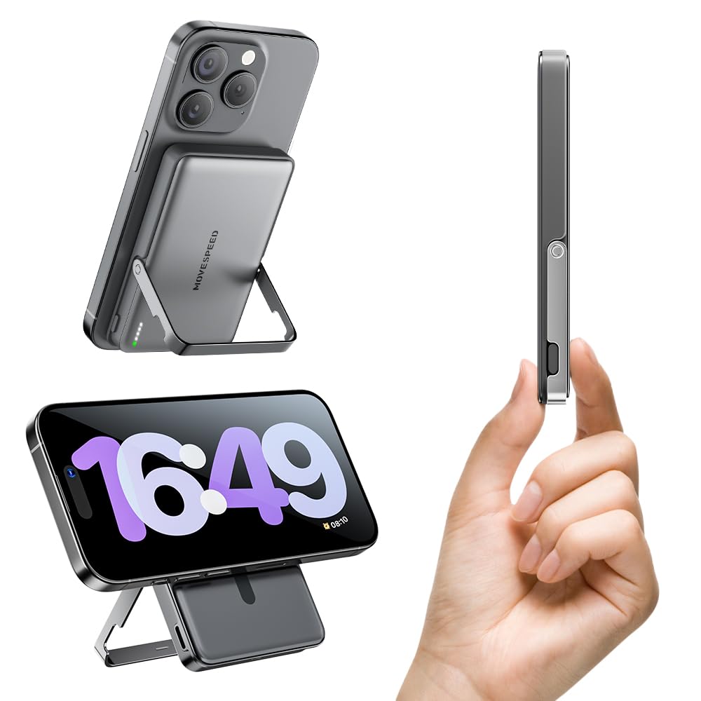 Photo 1 of MOVE SPEED 0.55" Slim 10000 mAh Magnetic Power Bank for iPhone with Kickstand, 22.5W PD Fast Charging Magsafe Battery Pack, for iPhone 16/15/14/13/12 Series, Glacier Gray