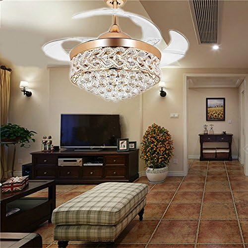 Lighting Groups Ceiling Fan Invisible Ceiling Fans 42 Inch Retractable Transparent Blades Fan Chandelier with LED Light and Romote Control Modern Crystal Ceiling Fan for Indoor Bedroom Lights (Gold)