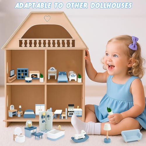 Wooden Dollhouse Furniture Set, 32 Pcs Doll House Accessories and Furniture, Miniature Furniture Including 5 Room Kits, Pretend Play Toy Gift for Boys Girls Toddler 3+