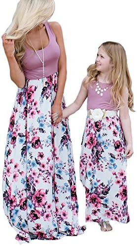 Mommy and Me Family Matching Dress Mother Daughter Sleeveless Floral Sundress Long Beach Maxi Dresses (Girls, 100=US 6)