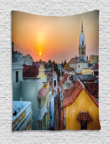 Ambesonne Sunset Tapestry, View Over The Rooftops of The Old City Colombian Coast Picture, Wall Hanging for Bedroom Living Room Dorm Decor, 40" X 60", Orange