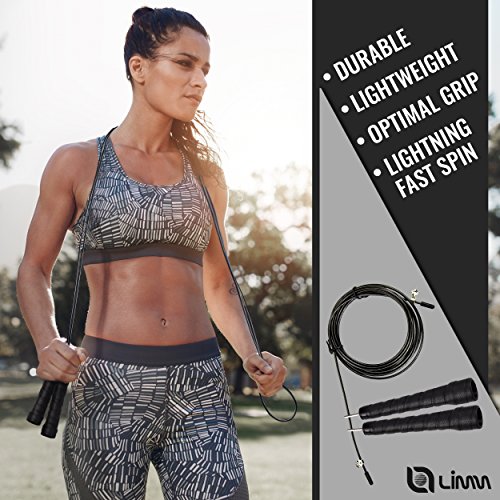 Limm High Speed Cable Jump Rope with Non-Slip PU Leather Handles & Carry Bag| Adjustable 10ft Exercise Jumping Rope | Fast Skipping Rope for Crossfit, Boxing, Men, Women, Kids (Black)
