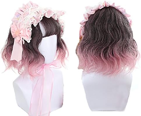 Bob Wigs for Women, Brown Pink Ombre Wavy Bob Wig with Bangs Cosplay Lolita Wigs Heat Resistant Synthetic Hair