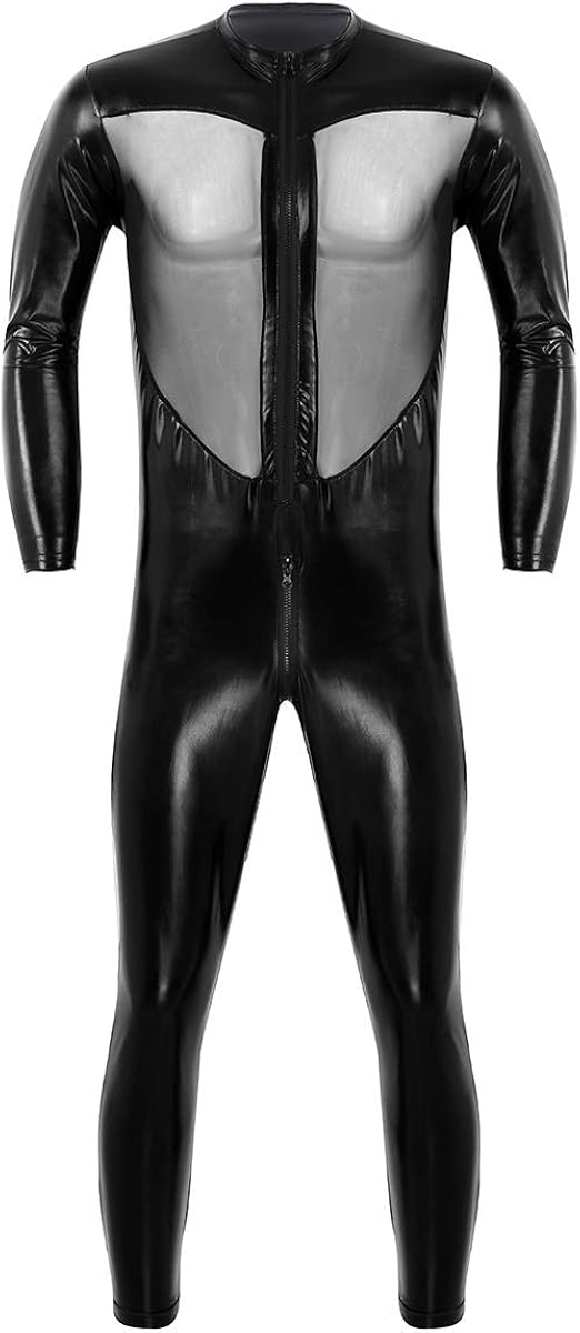 Inlzdz Herren Wetlook Body Langarm Bodysuit Reißverschluss Kunstleder