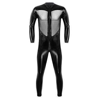 Tiaobug Damen Herren Langarm Shirts und Lange Hose Einteiler Wetlook Bodysuit Ganzkörperanzug Jumpsuit Leder Mesh Patchwork O