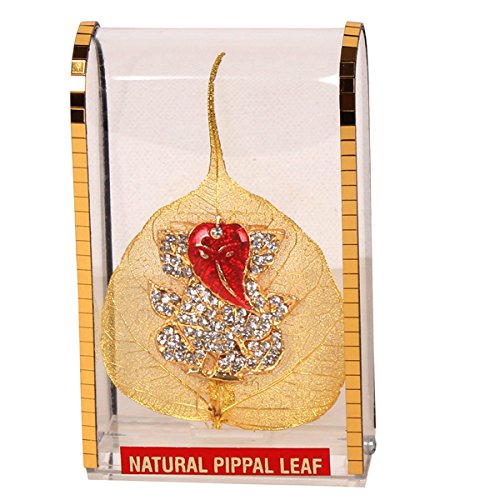 Purpledip Gold Plated Natural Pipal Leaf with Ganpati Showpieces for car dashboard, Good luck gift (10132)