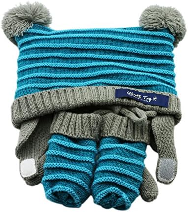 WORTHTRYIT Stripes Knitted Baby Kids Toddler Double Pom Pom Beanie Hat and Gloves Set 9"-11"-Teal