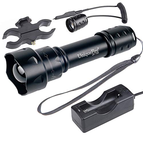 UniqueFire UF-T20 IR 850NM Infrared Light Illuminator LED Flashlight Kitset 丨T38 38mm Lens Adjustable Focus Night Vision Torch with Dual Control Remote Pressure Switch,Charger + Scope Mount