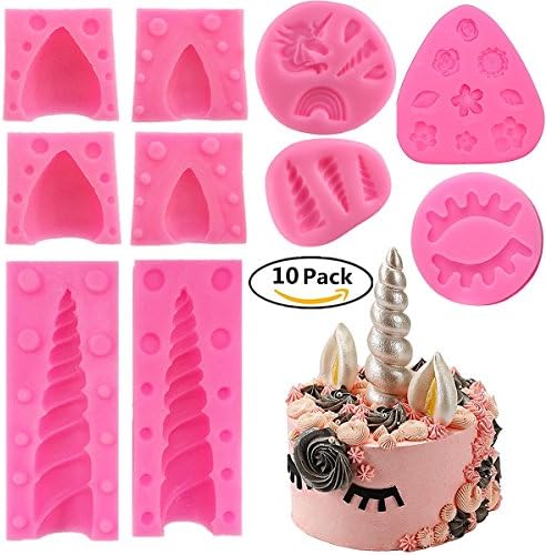 10 Pcs Unicorn Silicone mold Cake Topper Molds,[Unicorn,Horn,Ears,Eyelash,Flower,Rainbow] for Cake Decoration Molds.