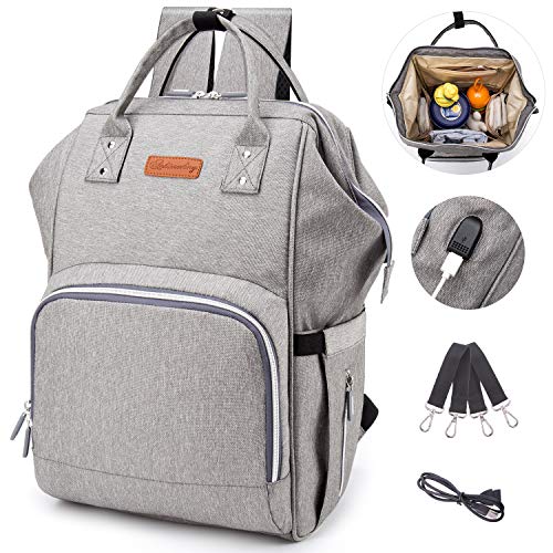 Diaper Bag Backpack with USB Charging Port, Multi-Function Waterproof Care Travel Backpack, Large Capacity, Light, Stylish, Durable, Suitable for Carrying Travel (Gray)