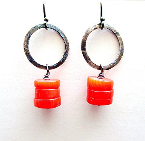Tangerine Orange Coral Oxidized Sterling Silver Dangle Earrings