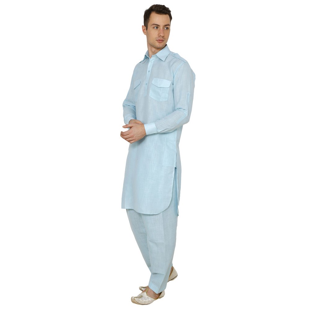 royal kurta men's pure linen blue pathani suit