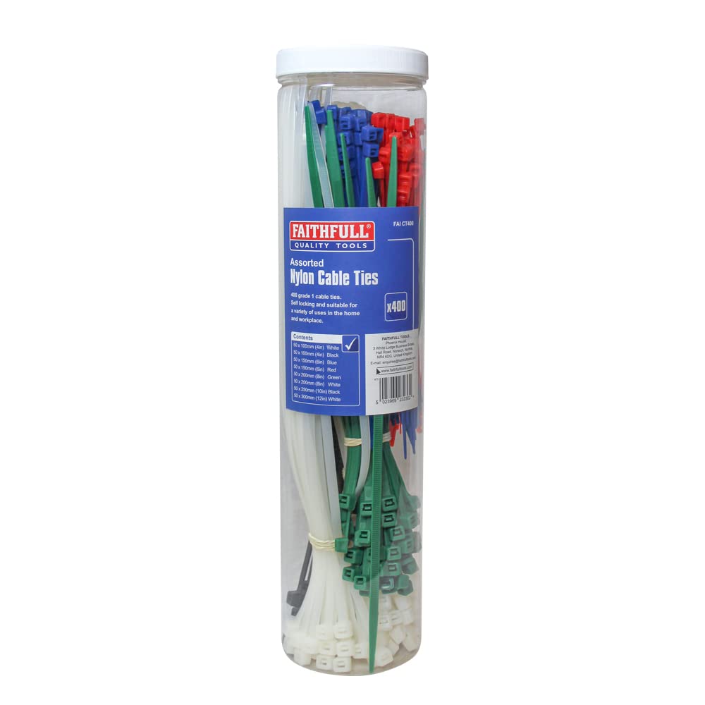Faithfull FAICT400 Assorted Cable Ties Bulk Pack Storage Jar, 400 Pieces, Mixed Sizes and Colours