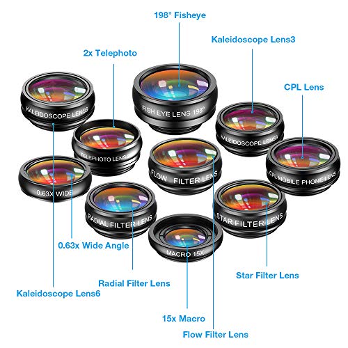 Apexel 10 in 1 kit Objectif Grand Angle et Macro + Fisheye + téléobjectif + écran LCD/Flux/Radial/étoile+Filtre…