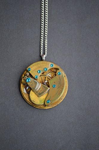Antique Watch Parts Blue Swarovski Crystals Necklace