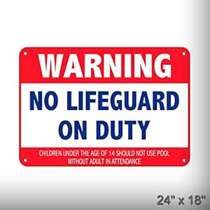 Señal de advertencia de piscina con texto en inglés "No Lifeguard Under