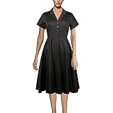 YARN & INK Women's 1950s Vintage Cape Collar Short Sleeve Formal Work Cocktail Swing Dresses with Pockets