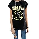 fancy-mano Womens NIRVANA Smiley Face Print Rolled Sleeves Loose T-shirt Tops,Large,Black