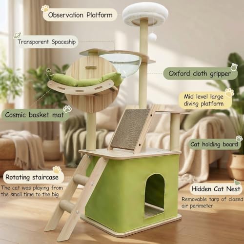 Cat Tree Top 150 cm with 1 Space Capsule, 1 Cat House, 1 Cat Scratching Board, 1 Cat Hammock, 1 Plush Jumping Platform, 1 Toy Ball, 1 Green Cushion (Green)