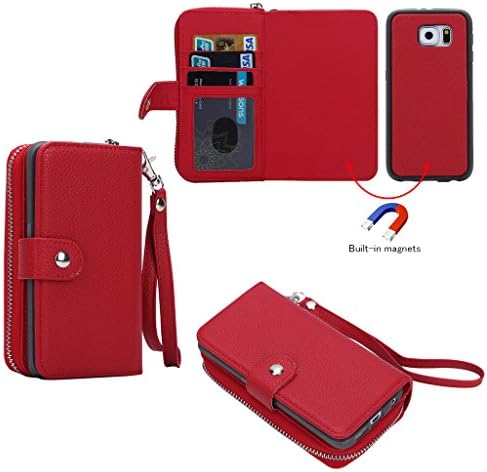 Samsung Galaxy S6 Edge Case,(Red)ATQ® Premium Leather Wallet Case 2 in 1 Magnetic Detachable Back Back Flip Case with Strap