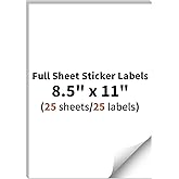 MultiLabel Full Sheet Sticker Labels, 8.5" x 11", 25 Sheets, 25 Labels, White Matte Paper, Compatible with Inkjet & Laser Printers