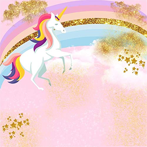 Laeacco 5x5ft Pink Unicorn Photography Backdrop Golden Glitter Stars