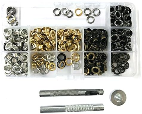 Trimming Shop Eyelets Grommet Kit 200 Pcs Of Gold, Silver, Bronze & Gunmetal, 5mm, With Set of 3 Fixing Tools for Clothes, Apparel, Leather, Canvas, Shoe, Self Backing, Home Use