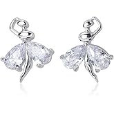 Crystal Ballet Dancer Sterling Silver Stud Earrings for Women CZ Nickel Free Tiny Small Dancing Ballerina Cartilage Cuff Tragus Luck Post Dainty Cute Jewelry Gifts for Daughter