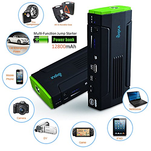 inDigi Multi-Function Vehicle Jump Starter Tire Air Compressor Battery Power Bank Charger for Smartphone iPhone Tablet iPad Laptop w/Durable Hard Case Bundled