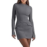 Cicy Bell Womens Long Sleeve Bodycon Dress Mock Neck Slim Fit Party Cocktail Fall Mini Blazer Dresses Dark Grey