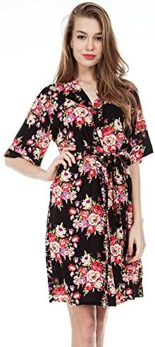 missfashion Womens Cotton Kimono Robe Floral Wedding Nightgown (S,Black)