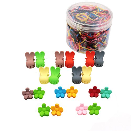 Hair Claws Set -1000 Pcs Multi-color Rubber Bands and 10pcs Rabbit ears Shaped Mini Hair Claws and 10pcs Hair Claw Clips Flower Hair Bangs Pin For Little Girls Mix Colored