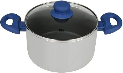 678539 Casserole 20 cm avec Couvercle, Antiadhésif Greblon®, Faitout Tous Feux Dont Induction, Four Jusque 130°C, Système Dosage d'Huile, Lave-Vaisselle, Aluminium Pressé, Verre, Gris, Bleu