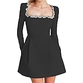 Wirunsy Long Sleeve Wedding Dresses for Brides Square Neck Beaded Satin Short Bridal Gowns with Pockets