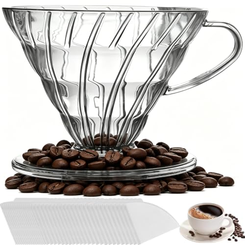 Coador para Filtro V60 02, Suporte para Filtro de Cafe V60 02 Transparente, com 40 Unidades Filtro de Papel 02, 2-4 Xícaras