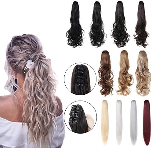 XBwig Claw Clip in Ponytail Hair Extension 18" 21" 24"Curly Wavy Straight Hairpiece One Piece A Jaw Long Pony Tails for Women(Chocolate Brown mix Bleach Blonde 18"-Curly)