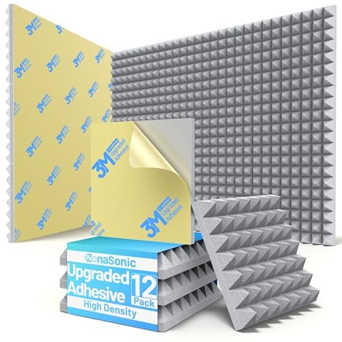 Photo 1 of 12 Pack Pyramid Sound Proof Foam Panels for Walls with Updated Self-Adhesive 2"X12"X12" High Density Acoustic Panels Sound Absorbing Fast-Expanding Soundproof Wall Panels for Gaming Studio Decor- Gray
