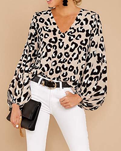 Imysty Womens Oversized Lantern Sleeve Chiffon Blouse Tops Casual Loose V Neck Shirts Pullover (Medium, Leopard)