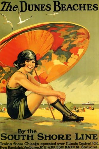 THE DUNES BEACHES SOUTH SHORE LINE GIRL UMBRELLA SUN SUMMER CHICAGO ILLINOIS 12" X 16" IMAGE SIZE VINTAGE POSTER REPRO