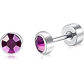 BLISI G23 Solid Titanium Studs Earrings Flat Back Light Siam Earrings, Dainty Screw Back Silver Stud Earrings Hypoallergenic 3mm/4mm/5mm Cartilage Rhinestones Earring Helix Tragus Conch Piercing