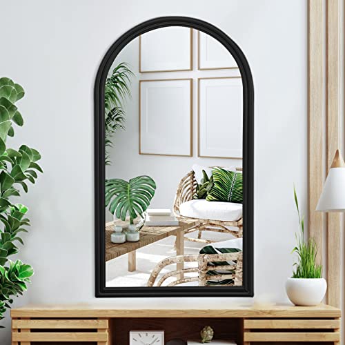 POZINO Arched Wall Mirror, Black Arch Mirror Decor, Bathroom Mirrors for Wall, Mantel Decorative Mirror, Wall Mounted Mirror with Aluminum Alloy Frame for Bedroom Living Room Entryway, 43.3x23.6 Inch