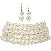 wekicici Pearl Necklace Earrings Set Multi-Layer Pearl Choker Necklace Costume Accessories for Women