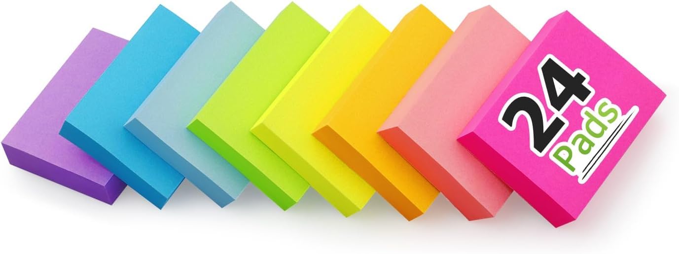 Sticky Notes 1.5x2 inch Bright Colors Self-Stick Pads 24 Pads/Pack 100 Sheets/Pad Total 2400 Sheets
