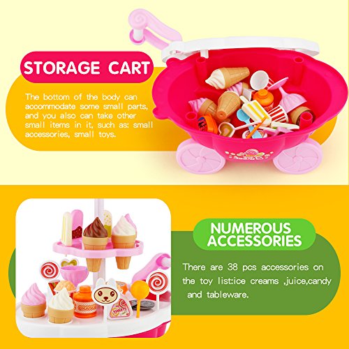 Sotodik 39PCS Ice Cream Candy Cart 39 PCS Pretend Play Food Dessert and Cash Trolley Set Toys with Music and Lighting Kids and Girls Toyselody For Girls and Kids - Thumbnail 5