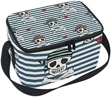 ALINLO Stripes Skull Pirates Pattrern Lunch Bag, Zipper Insulated Cooler Tote Bag, Lunchbox Meal Prep Handbag for Picnic School Women Men Kids