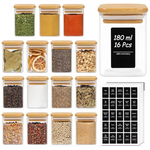 ComSaf Gewürzgläser Eckig 16 x 180 ml, Gewürzgläser Eckig mit Holzdeckel Glas, Gewürzdosen Luftdichte, Salzstreuer, Zuckerdose, Paprika Edelsüß, für K